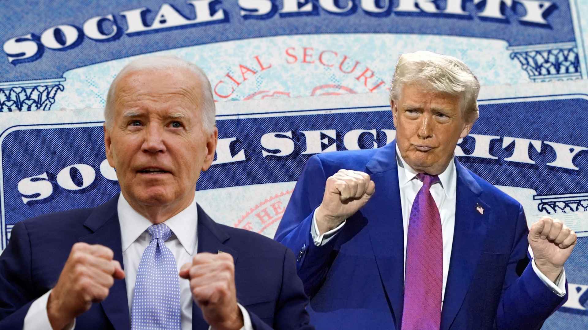 President Joe Biden and former President Donald Trump in front of a Social Security card backdrop