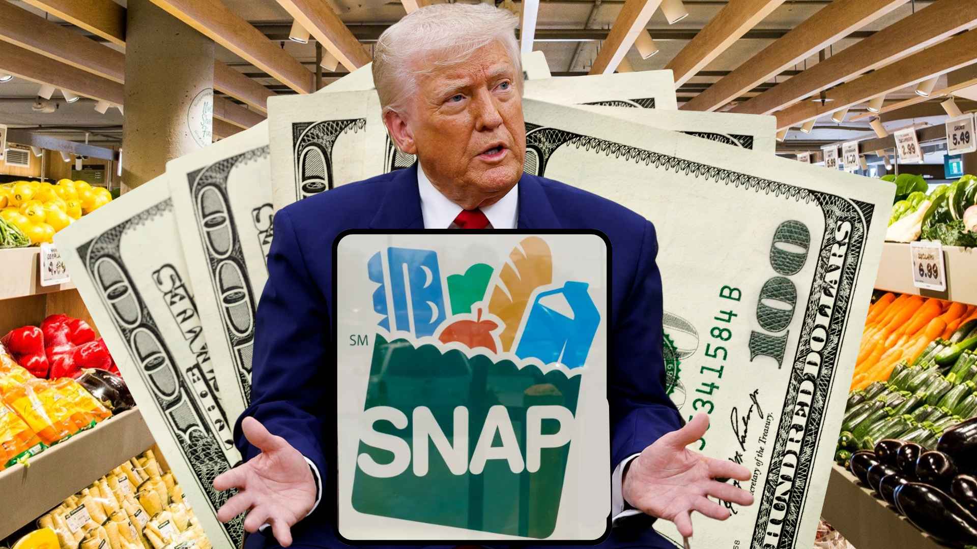 Donald Trump gesturing in a supermarket aisle, framed by $100 bills and a large SNAP logo, illustrating his proposal to replace SNAP with MAHA fresh-food boxes for seniors.