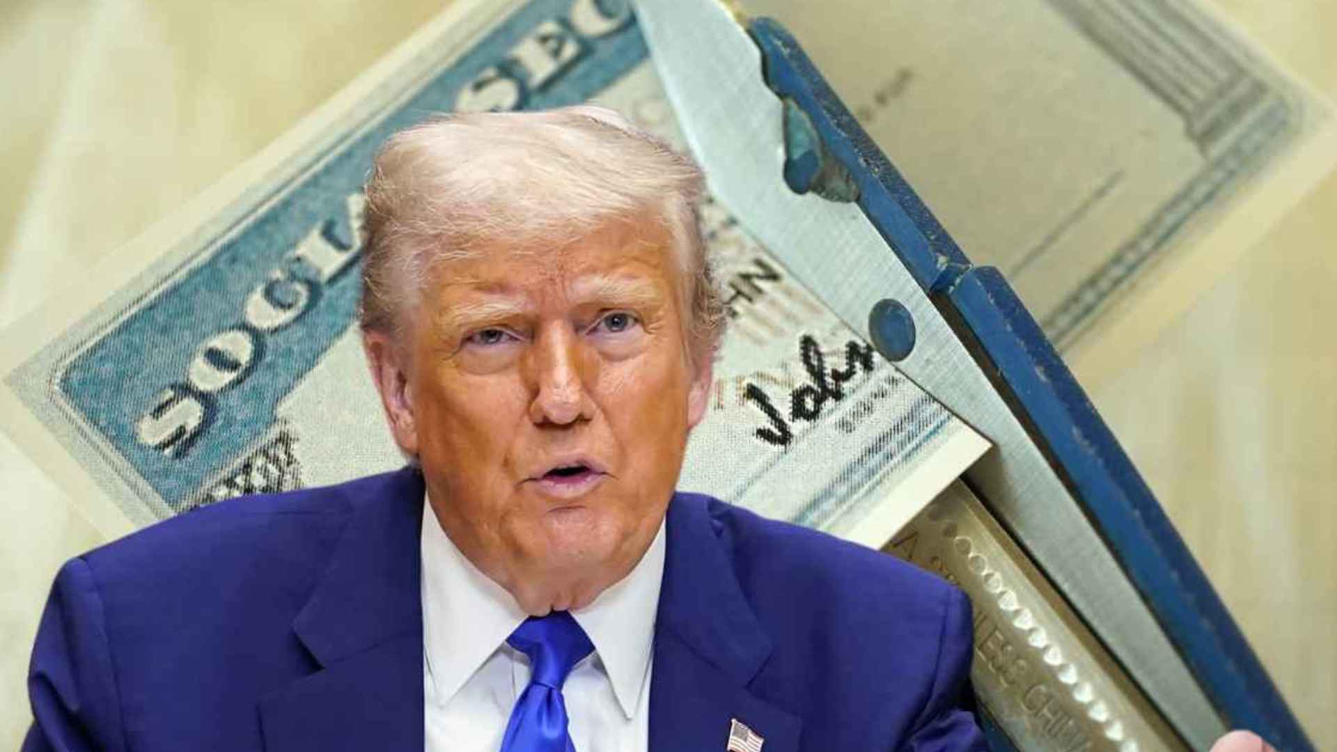 Politician in blue suit framed by a Social Security card being cut with scissors, symbolizing proposed tax-break plan for retirees.