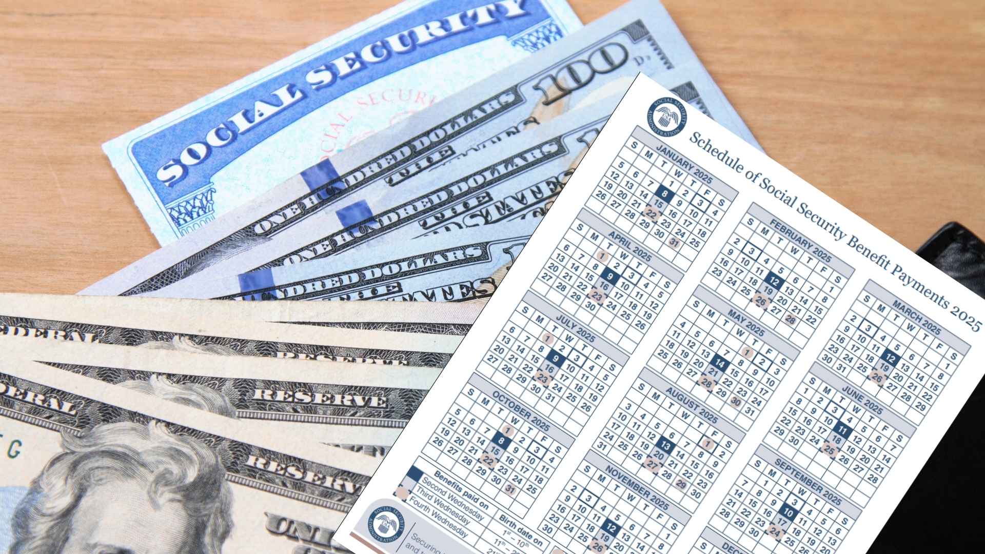 Calendar of 2025 Social Security benefit payment dates alongside U.S. currency and a Social Security card