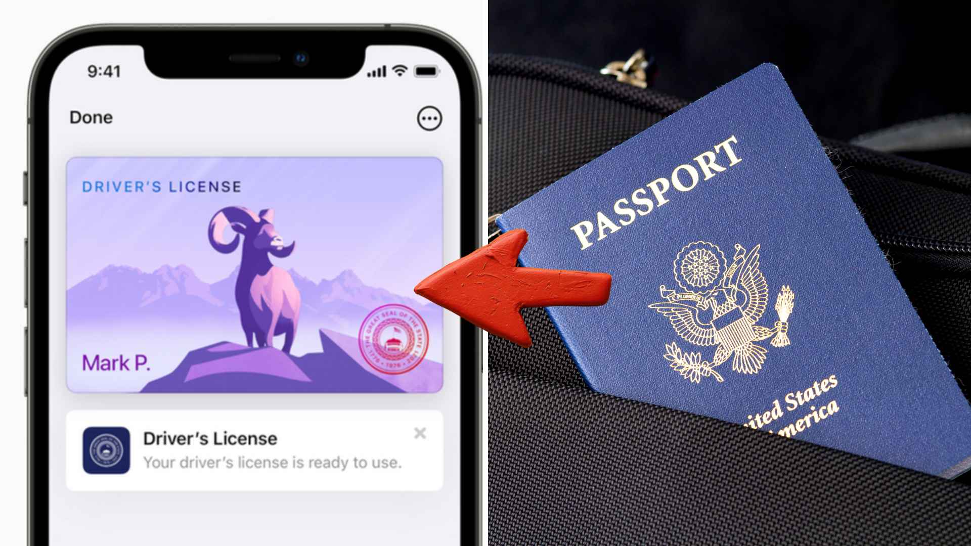 Illustration of a U.S. passport next to an Apple Wallet digital ID screen, indicating transition to digital IDs for TSA checkpoints.