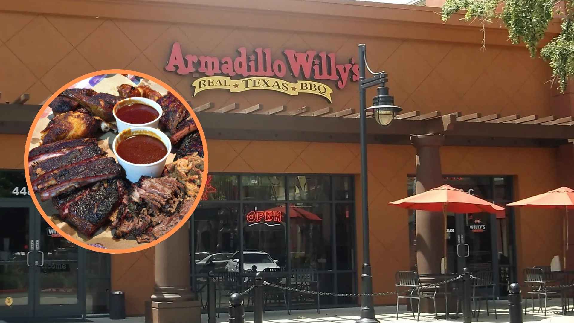 Front of Armadillo Willy’s barbecue restaurant with outdoor seating and close-up of smoked meat platter with sauce