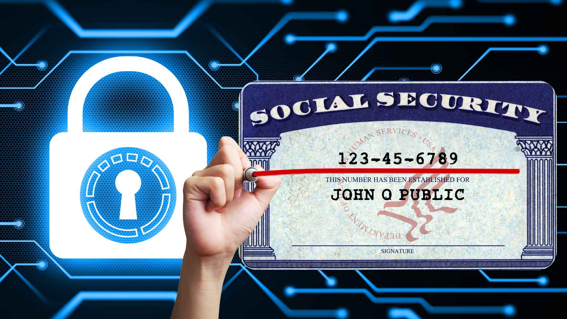 Illustration of a digital Social Security card alongside a padlock icon, representing the SSA’s secure online SSN access rollout