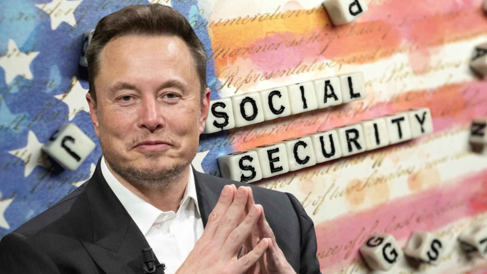 Elon Musk in front of an American flag with the words Social Security spelled out in blocks