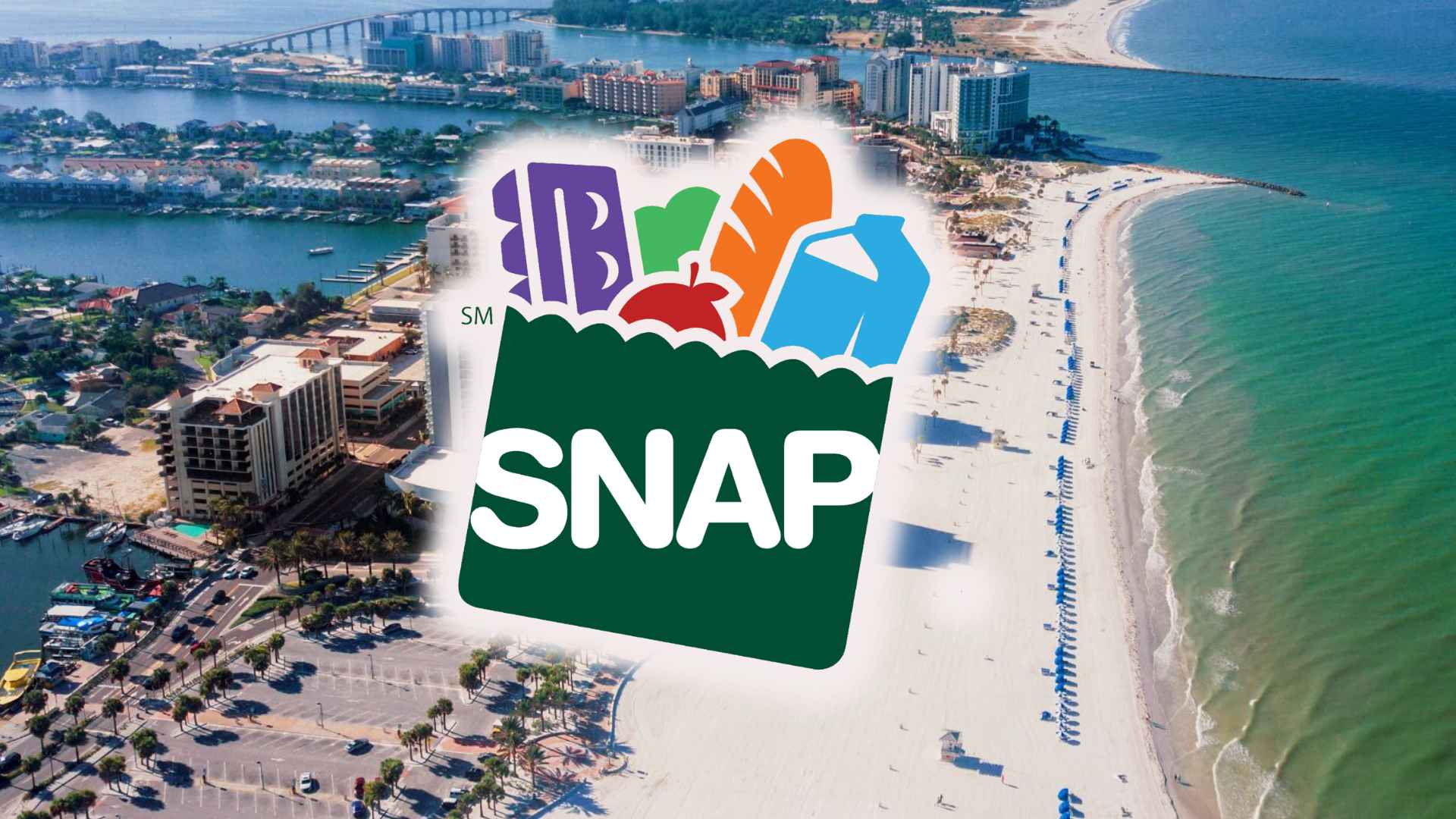 Florida beach aerial view with SNAP grocery-bag logo illustrating June 6–7, 2025 EBT benefit load schedule for recipients