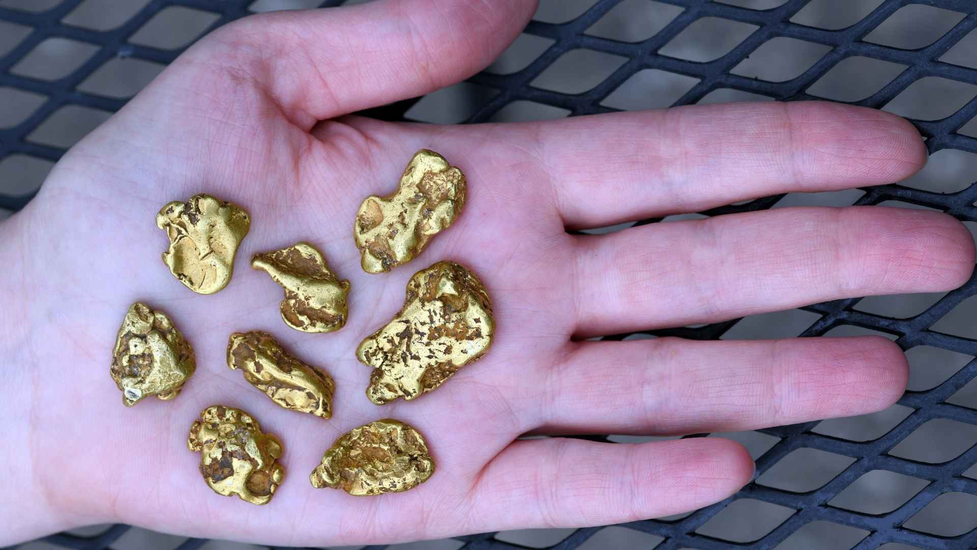 Hand holding several natural gold nuggets after historic discovery in China’s Hunan province