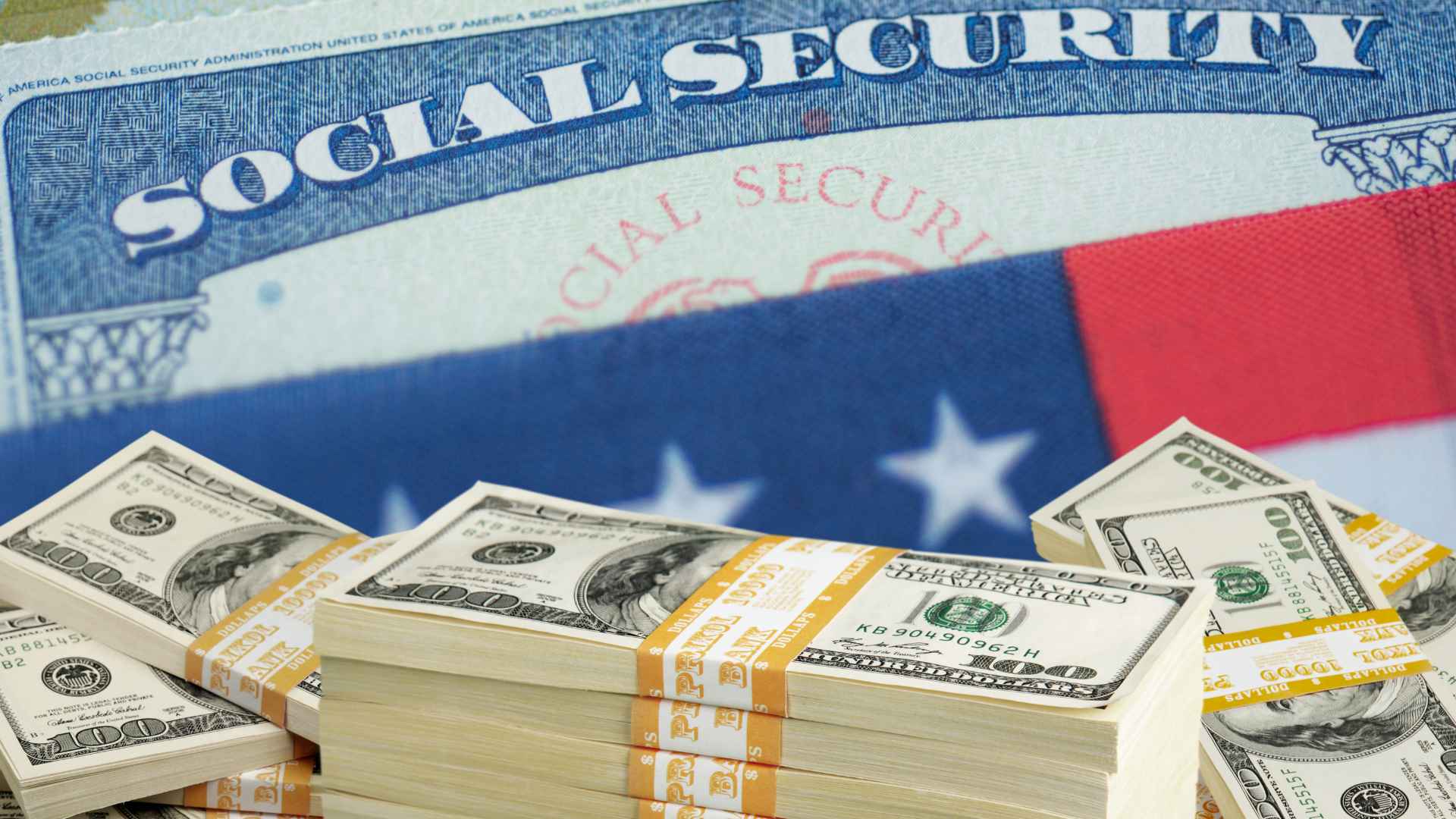 Stacks of hundred-dollar bills in front of a Social Security card and U.S. flag symbolize three upcoming state stimulus checks