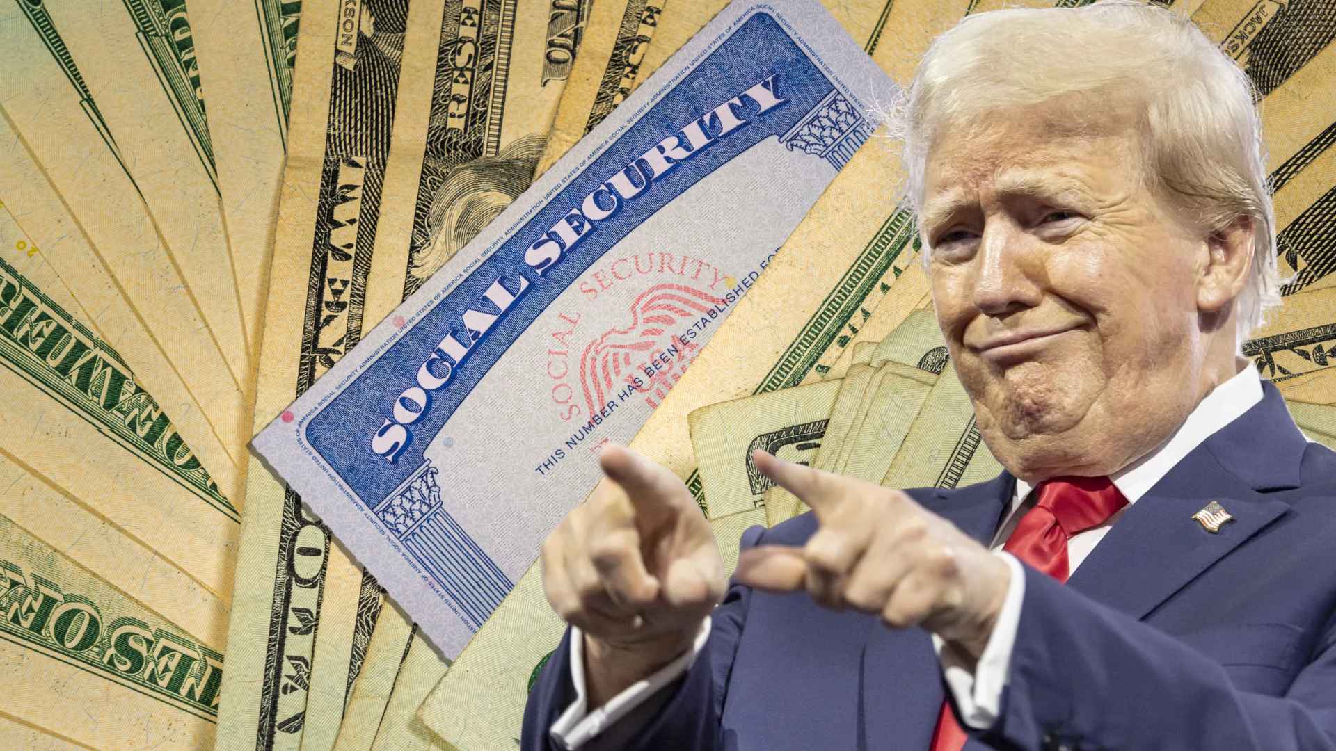 Donald Trump points in front of money and Social Security card, representing House GOP’s proposed $4,000 tax break for seniors.