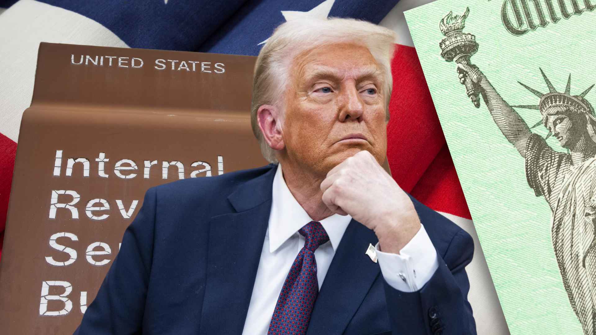 Thoughtful man in a navy suit sits before an Internal Revenue Service sign, U.S. flag, and Treasury check graphic symbolizing $3,034 refunds scheduled for June 2-8.
