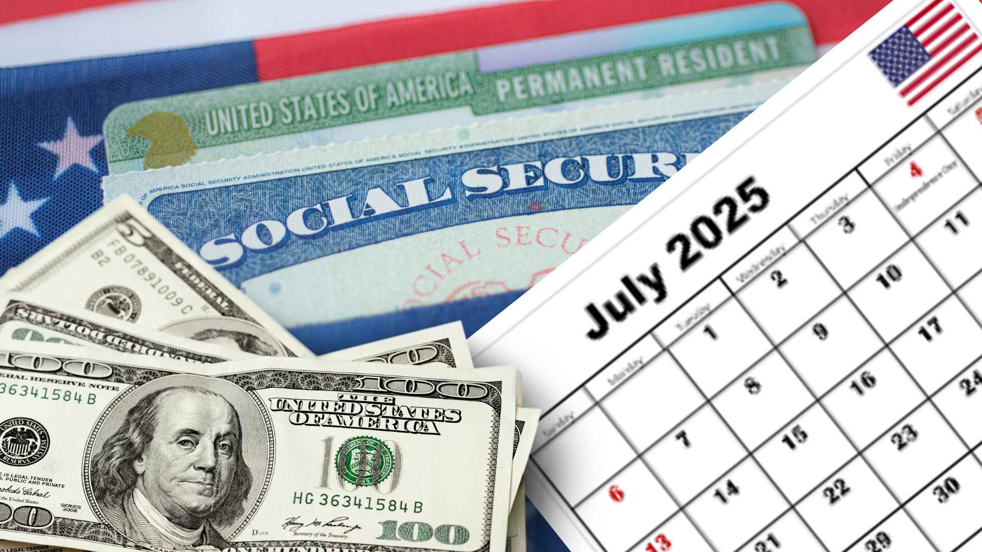 Social Security card, $100 bills, and July 2025 calendar illustrate the $967 SSI payment scheduled for July 1.