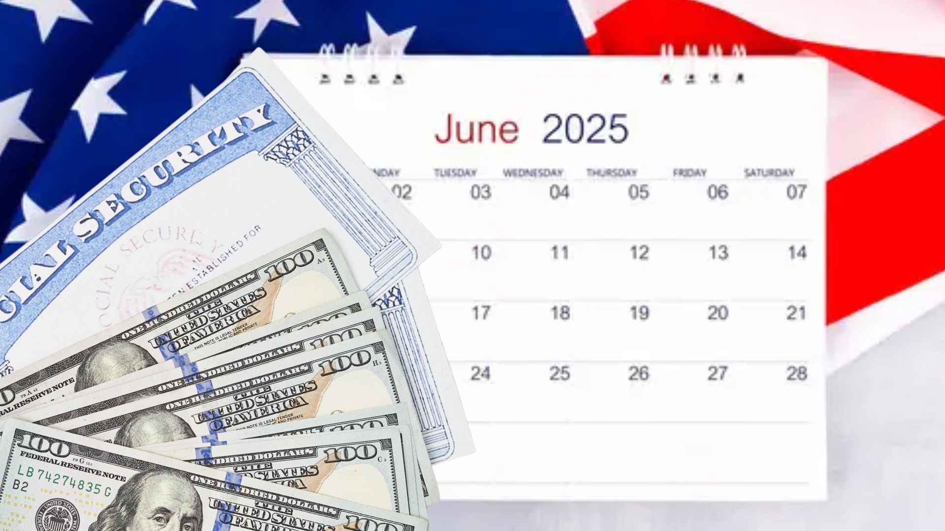 Social Security card, $100 bills, and a June 2025 calendar illustrating SSI-SSDI payment dates, new rules, and possible 15 % cuts