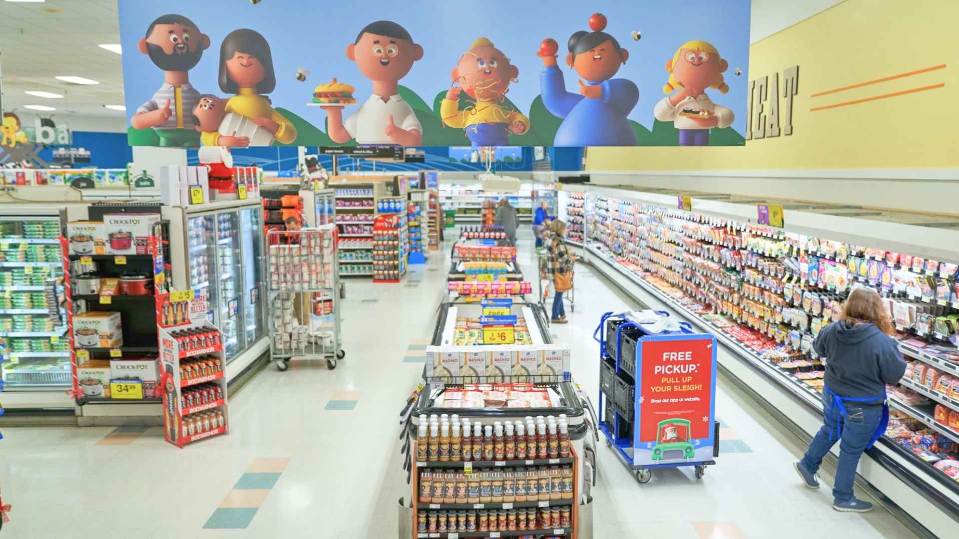 Kroger employee stocking shelves in grocery aisle amid store closure announcements across the United States