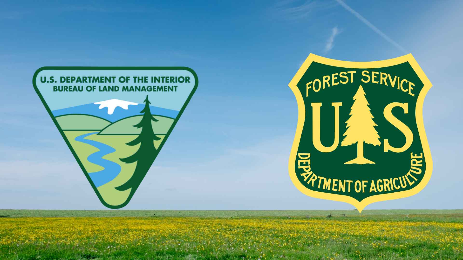 Logos of the U.S. Bureau of Land Management and Forest Service over a federal grassland targeted for public land auction
