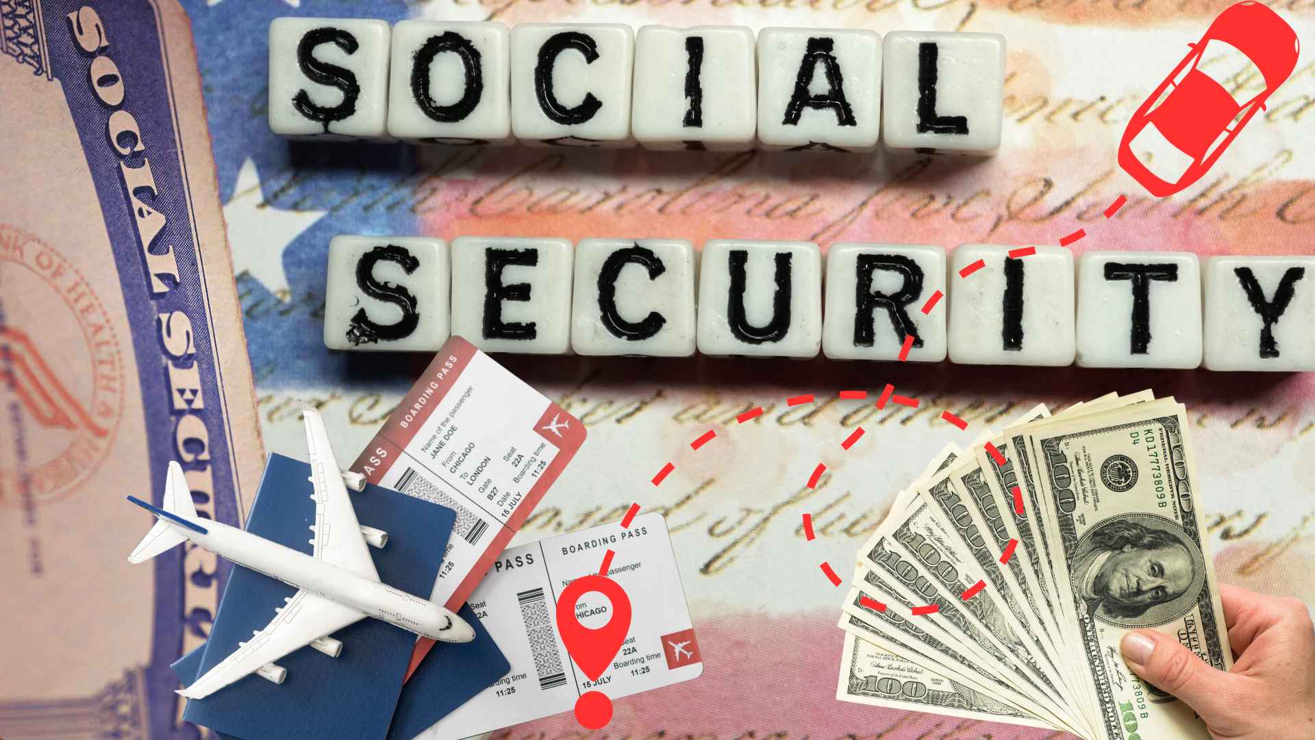 Retiree travel scene with airplane, boarding passes, car route and cash over a Social Security card, illustrating address updates after moving state lines.