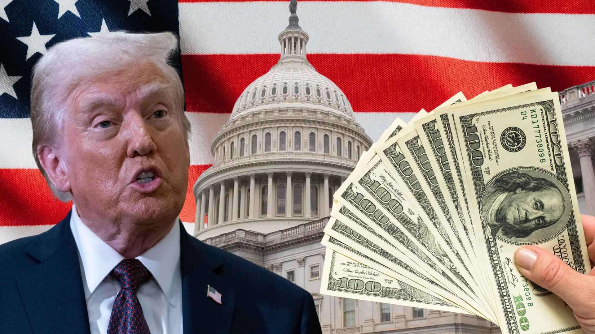 Donald Trump in front of U.S. Capitol and American flag, with $100 bills symbolizing proposed $6,000 senior tax deduction