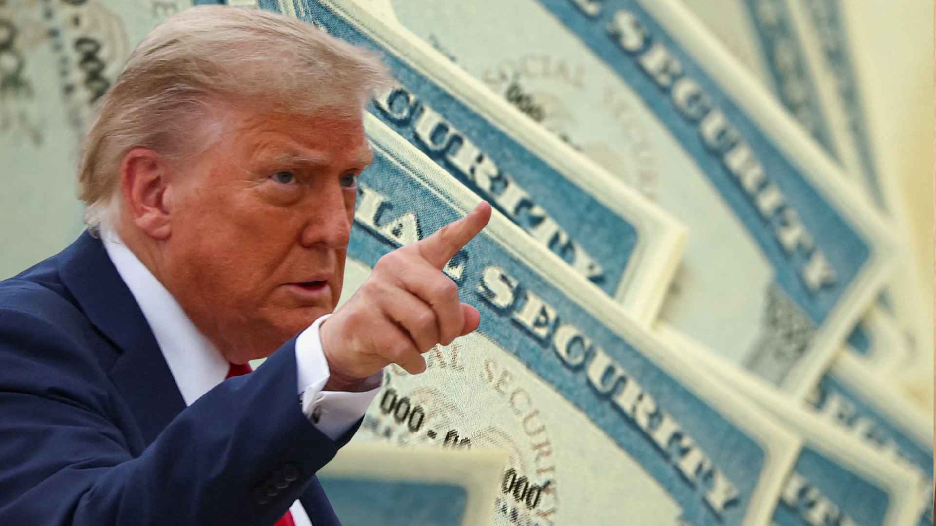 Donald Trump pointing with Social Security cards in the background, symbolizing retirement policy changes
