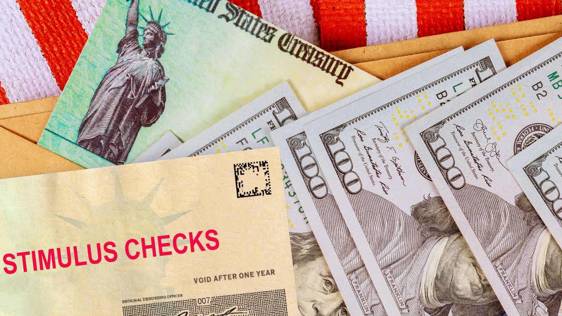 U.S. treasury stimulus check and $100 bills on an envelope highlight the $1,400 recovery rebate credit taxpayers lost after the April 15 refund deadline