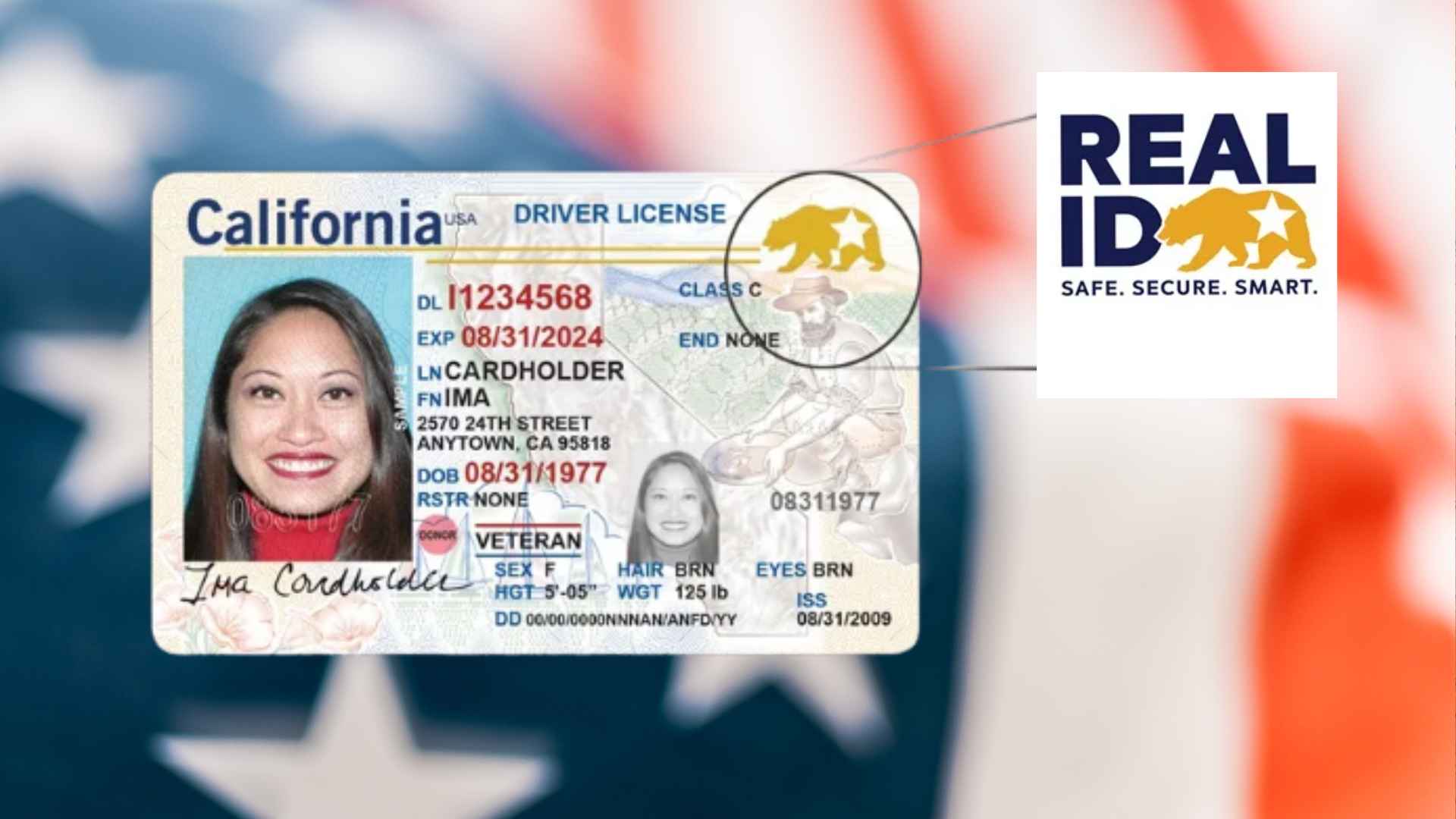 Example of a Real ID–compliant California driver’s license with gold-star emblem and official Real ID logo, illustrating TSA identification requirements.