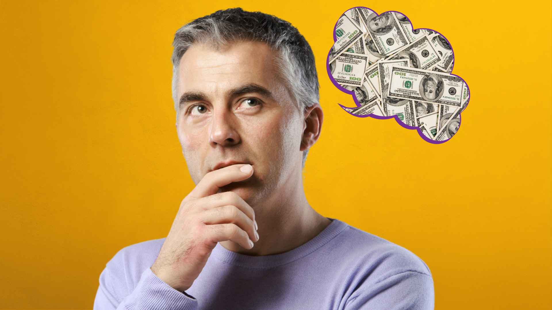 Thoughtful middle-aged man weighing retirement ages 62 and 70, with dollar-filled thought bubble symbolizing Social Security benefits.
