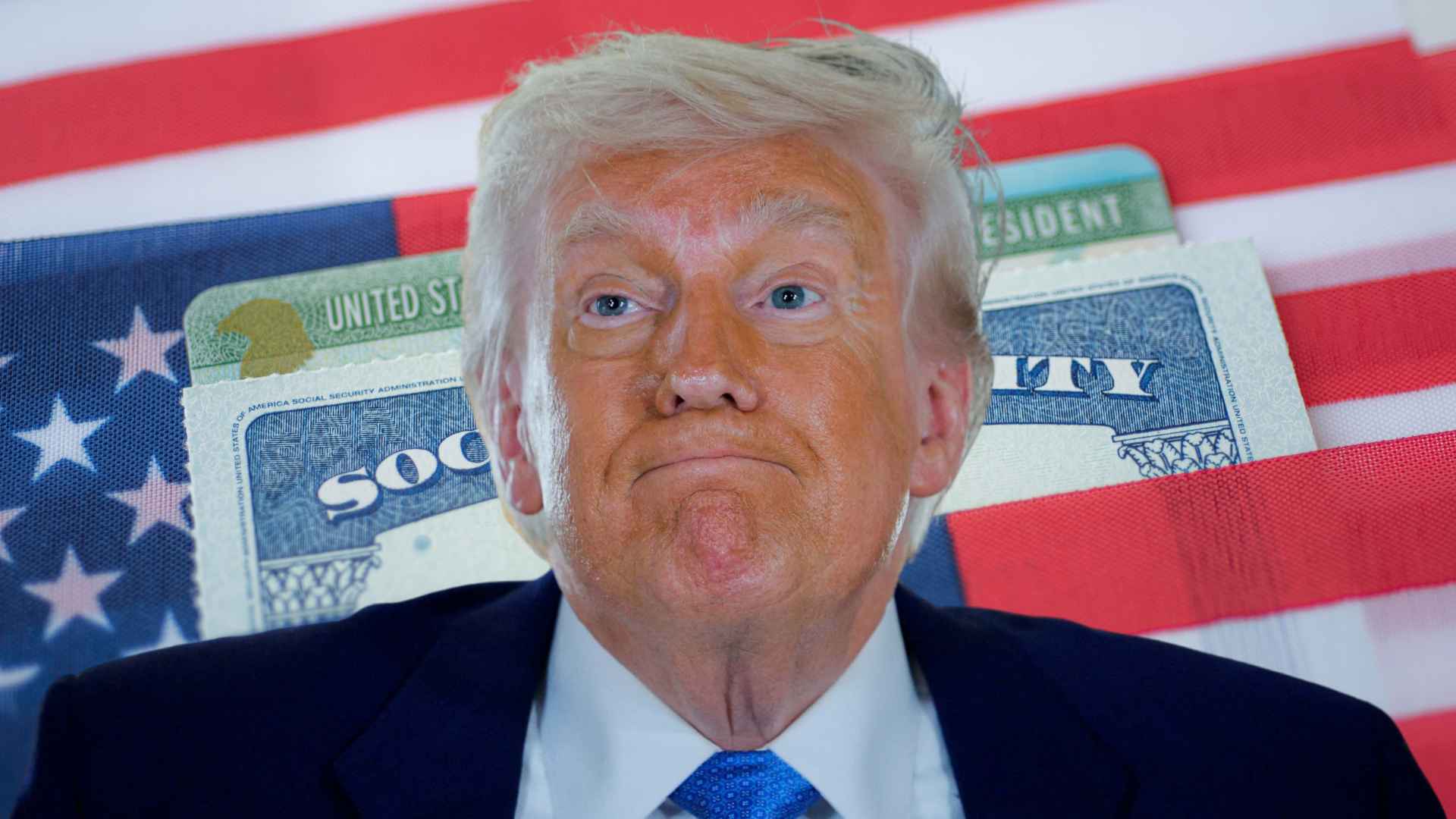 Close-up of a suited man framed by Social Security cards and an American flag, symbolizing pending deductions that may shrink retirees’ June benefits