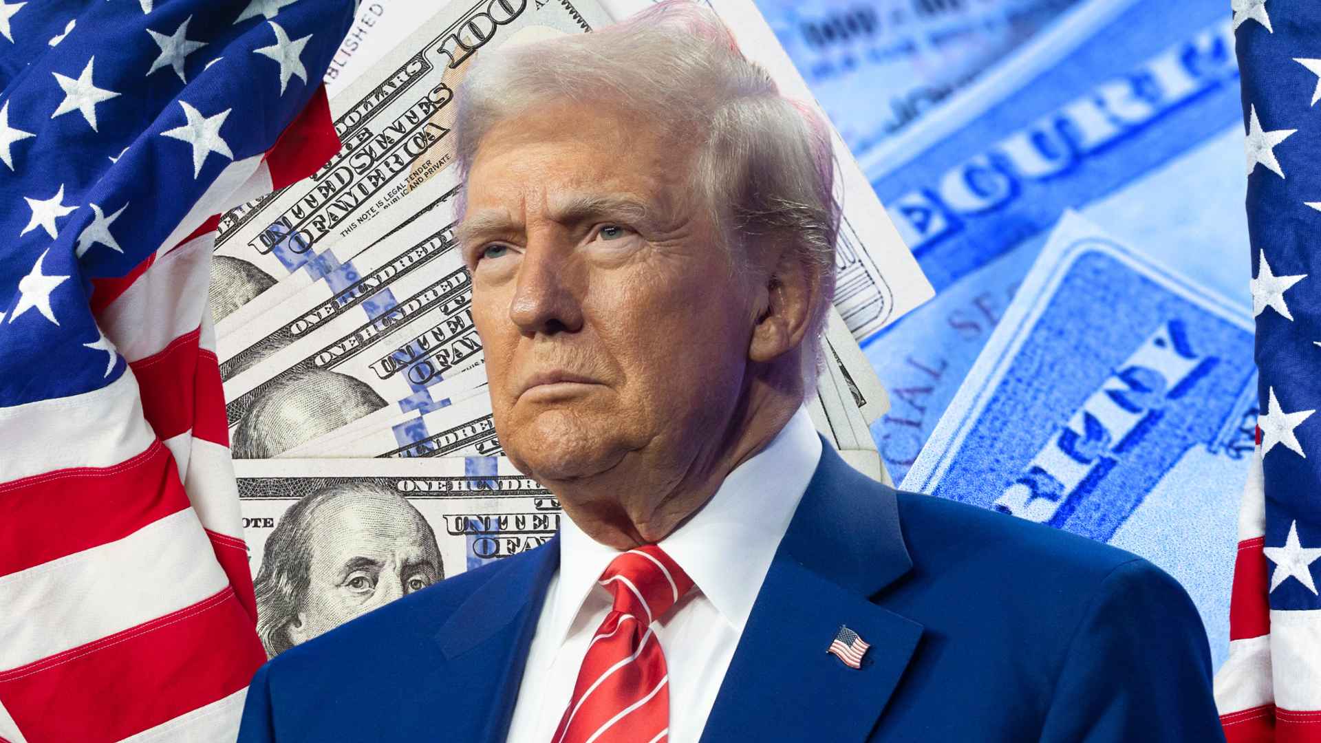 Suited man before U.S. flags, hundred-dollar bills and Social Security cards symbolizing late-June RSDI payments.
