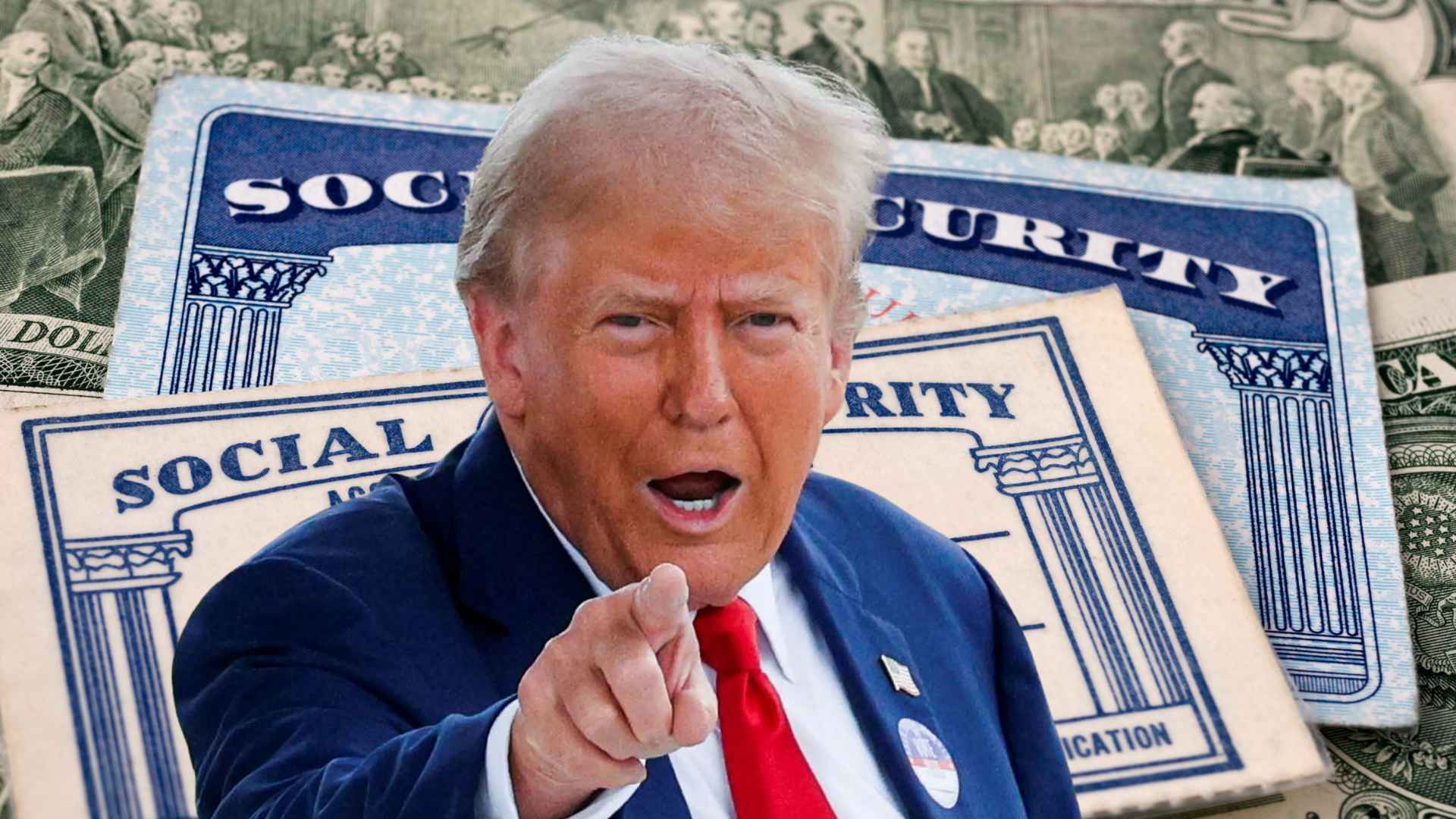 Suited man pointing toward camera in front of Social Security cards and dollar bills, symbolizing senior tax-relief proposal.