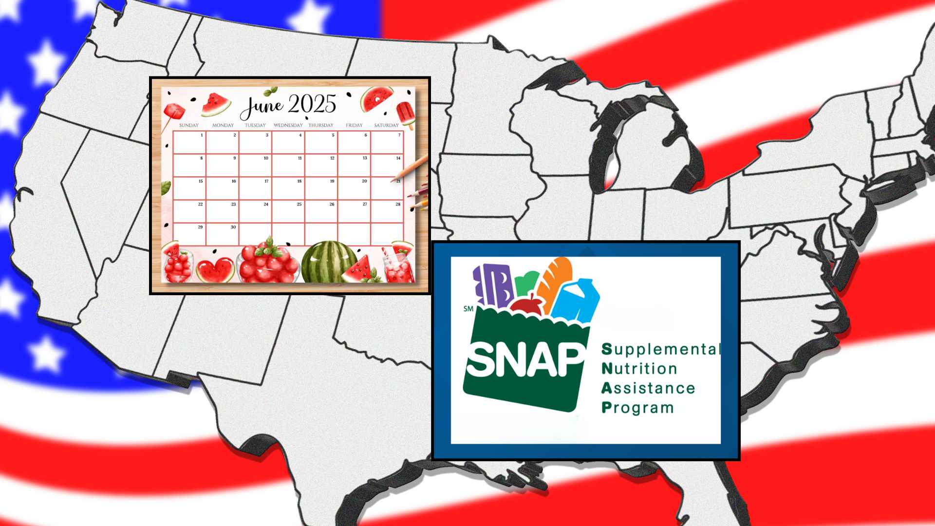 Map of the United States with June 2025 calendar and SNAP benefits logo indicating EBT deposit dates