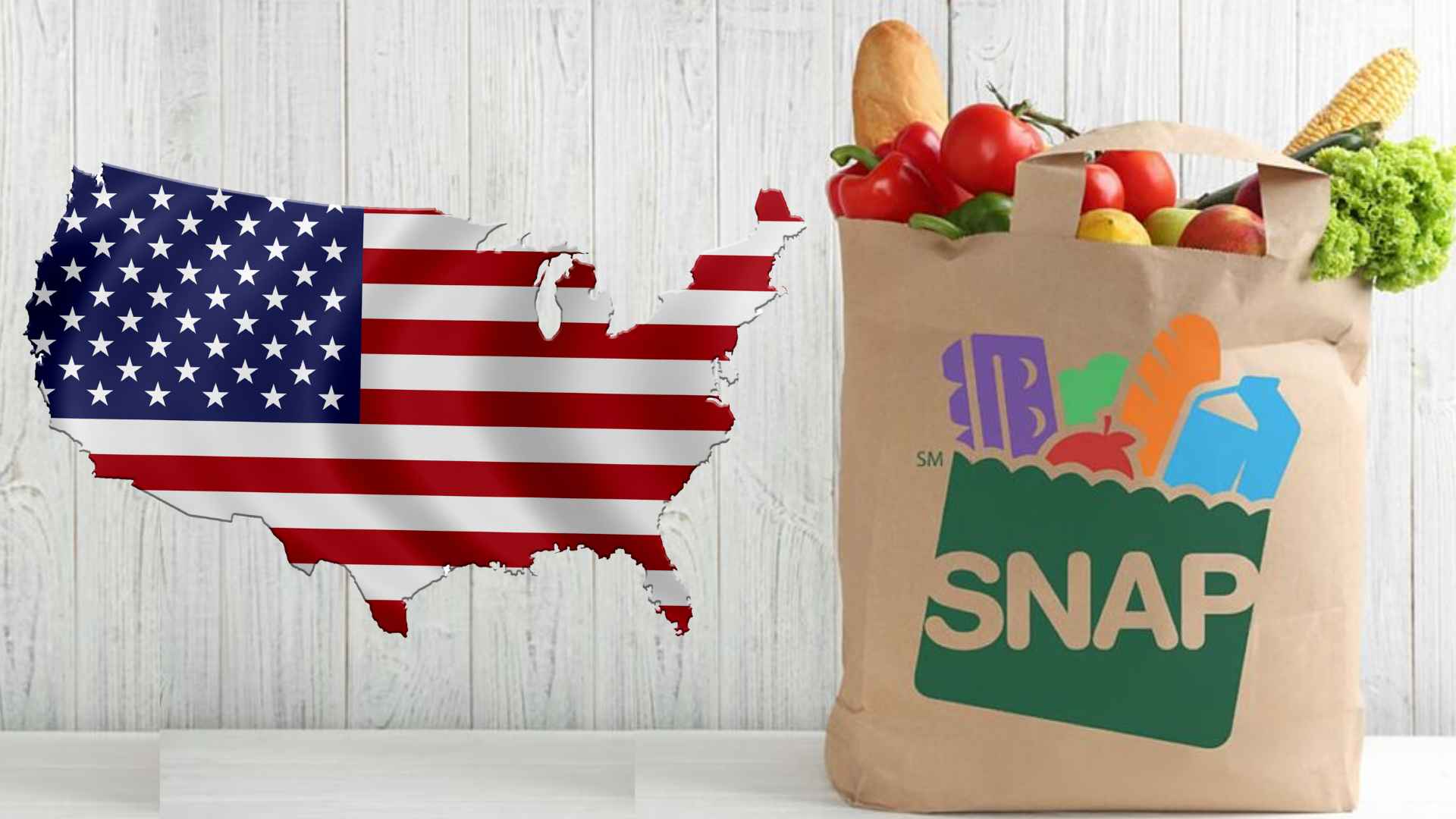 Paper grocery bag with SNAP logo and fresh produce beside a U.S. flag–shaped map, symbolizing automatic state stimulus deposits for SNAP users.