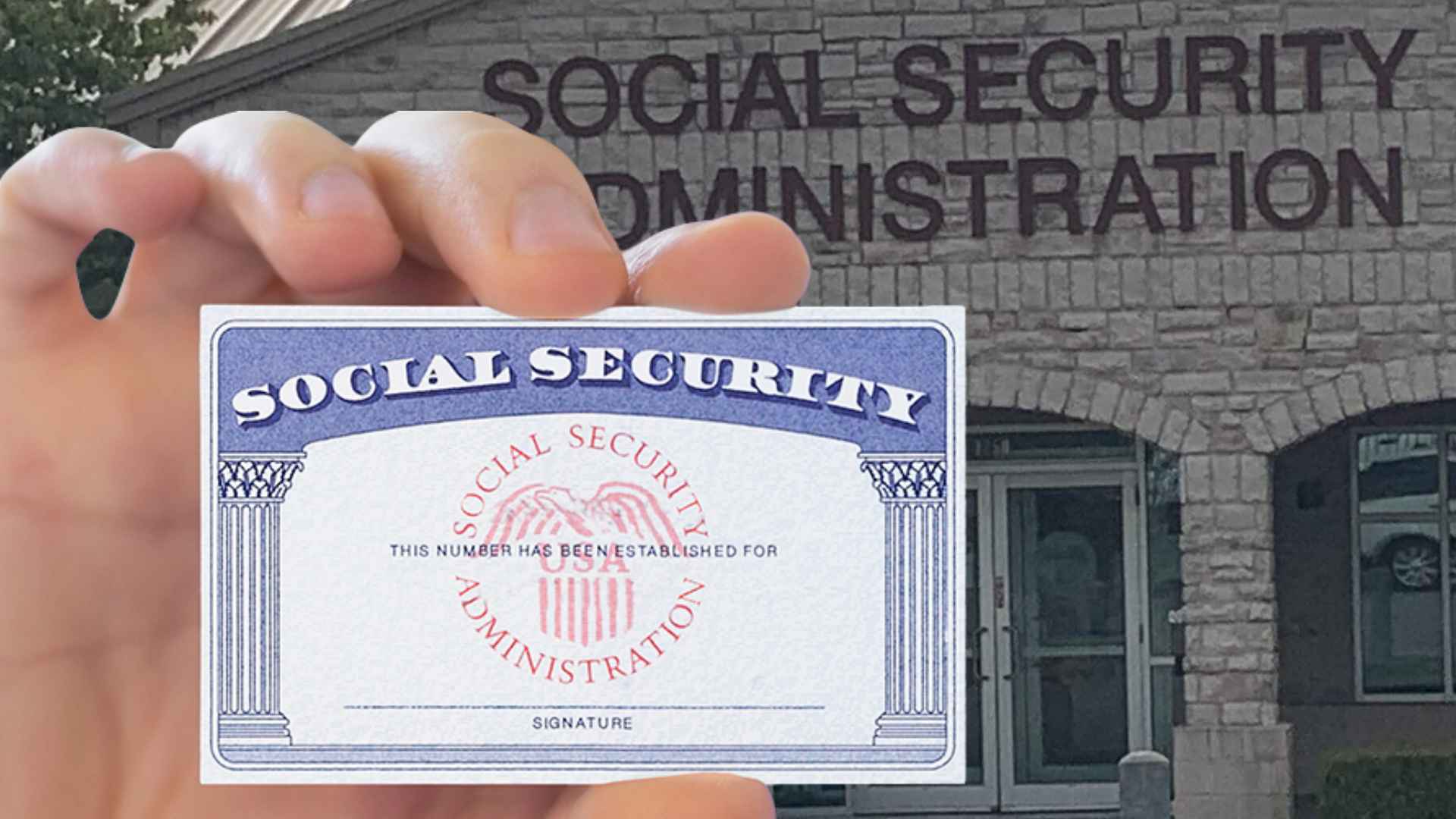 Hand holds Social Security card outside SSA office as agency issues 2.5 million retroactive benefit payments.