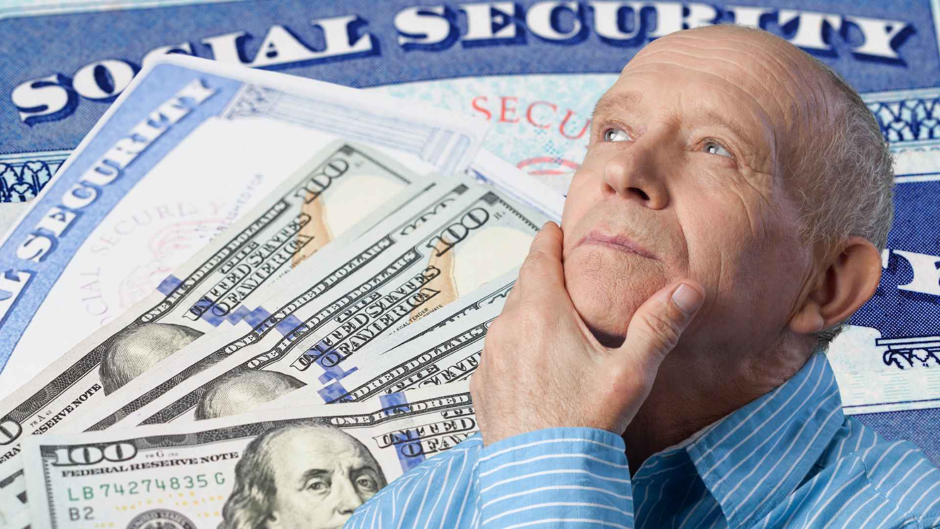 Older man considering 2025 Social Security average pension at age 67, with hundred-dollar bills and a Social Security card behind him