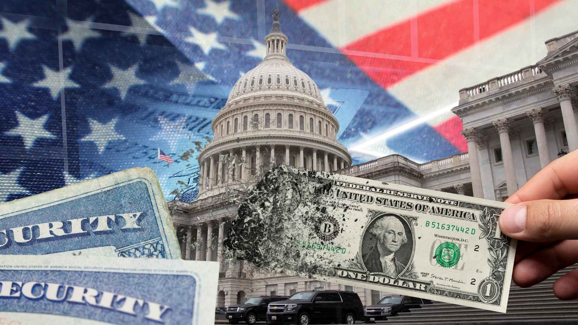 U.S. Capitol behind Social Security cards and a crumbling dollar bill, symbolizing possible benefit cuts if Congress stalls