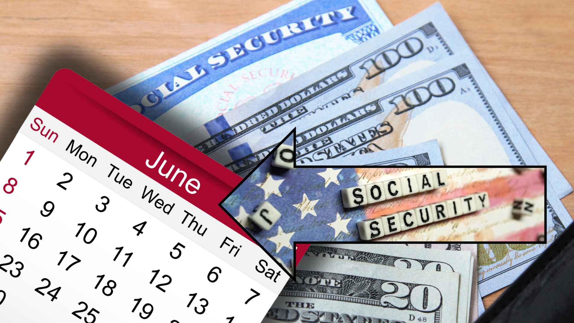 June 2025 calendar with Social Security card and U.S. cash illustrating payment-date changes and debt offsets for beneficiaries