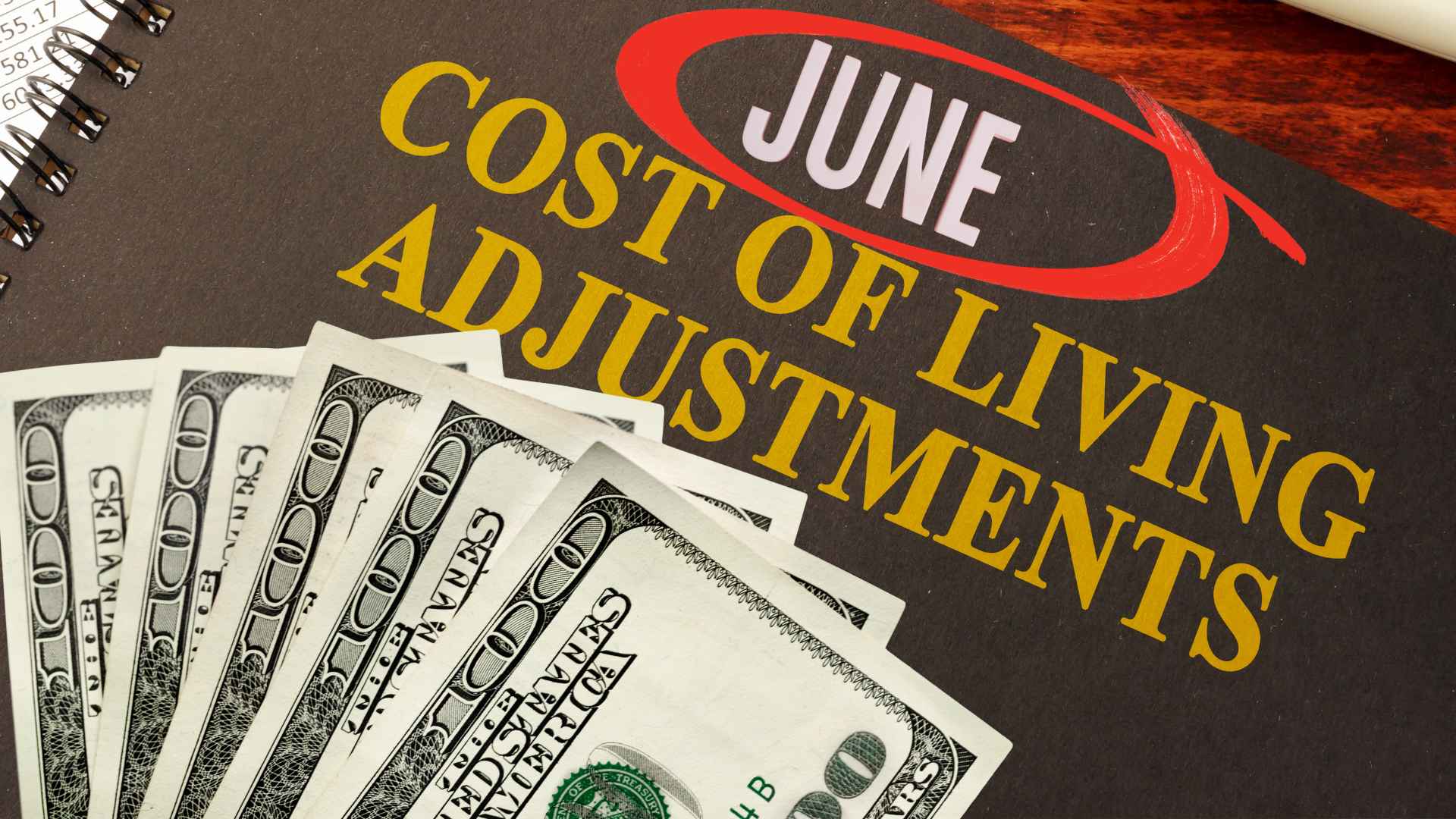 June cost-of-living adjustment concept with $100 bills and “cost of living adjustments” headline, symbolizing the projected 2.5 percent social security cola for 2026