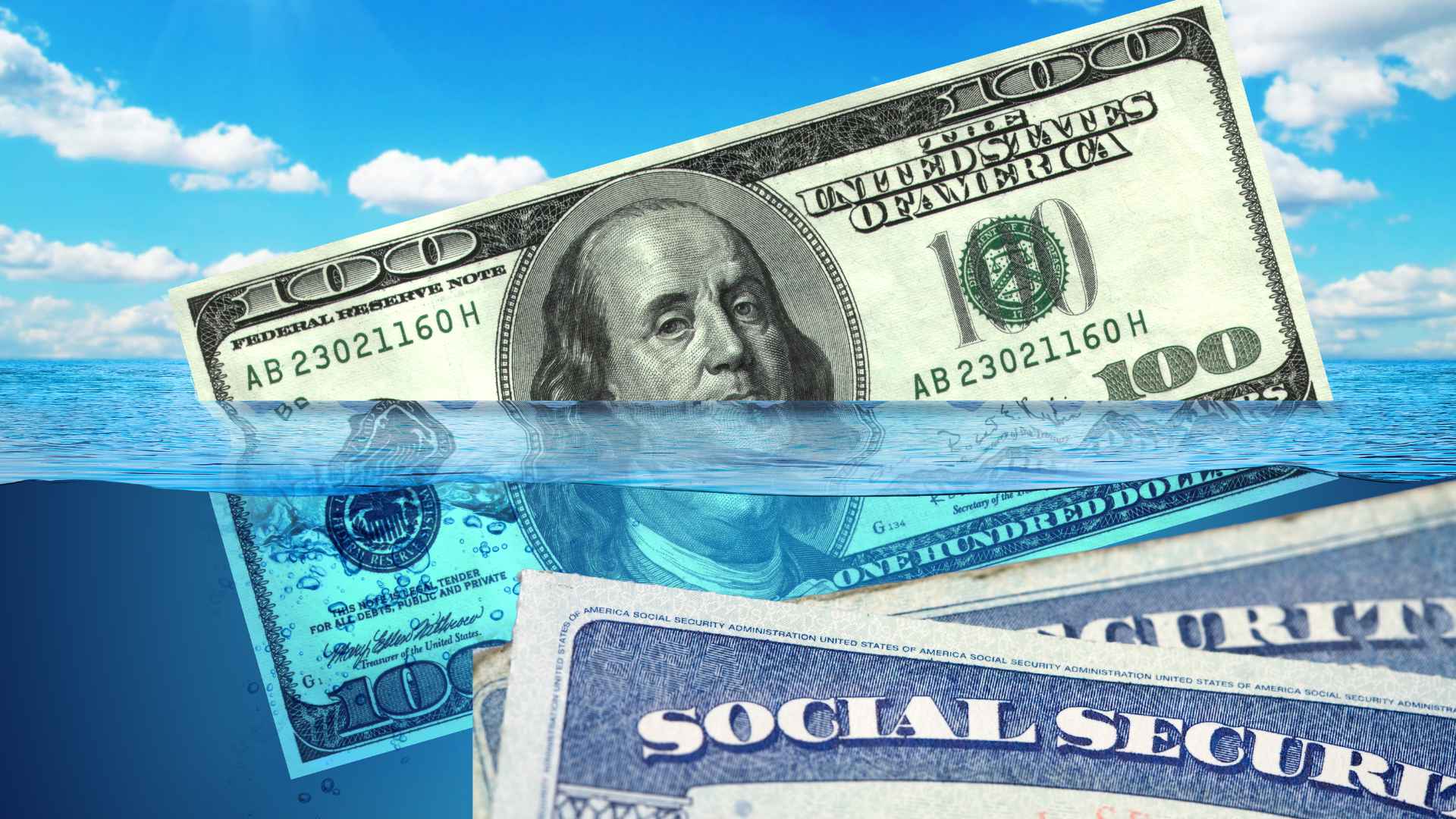 Hundred-dollar bills and a Social Security card sinking underwater, symbolizing lost benefits in June 2025
