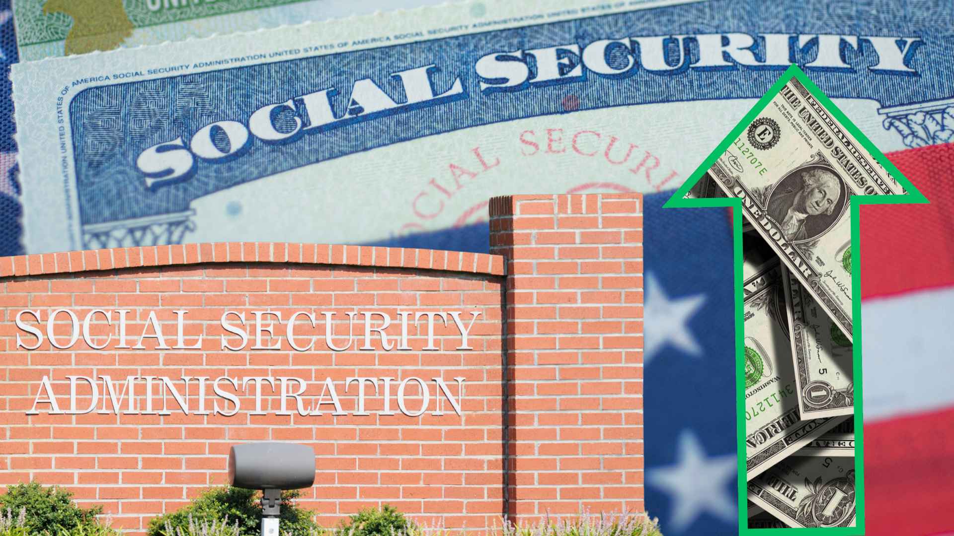 Social Security Administration building with dollar bills and upward arrow symbolizing increased benefits