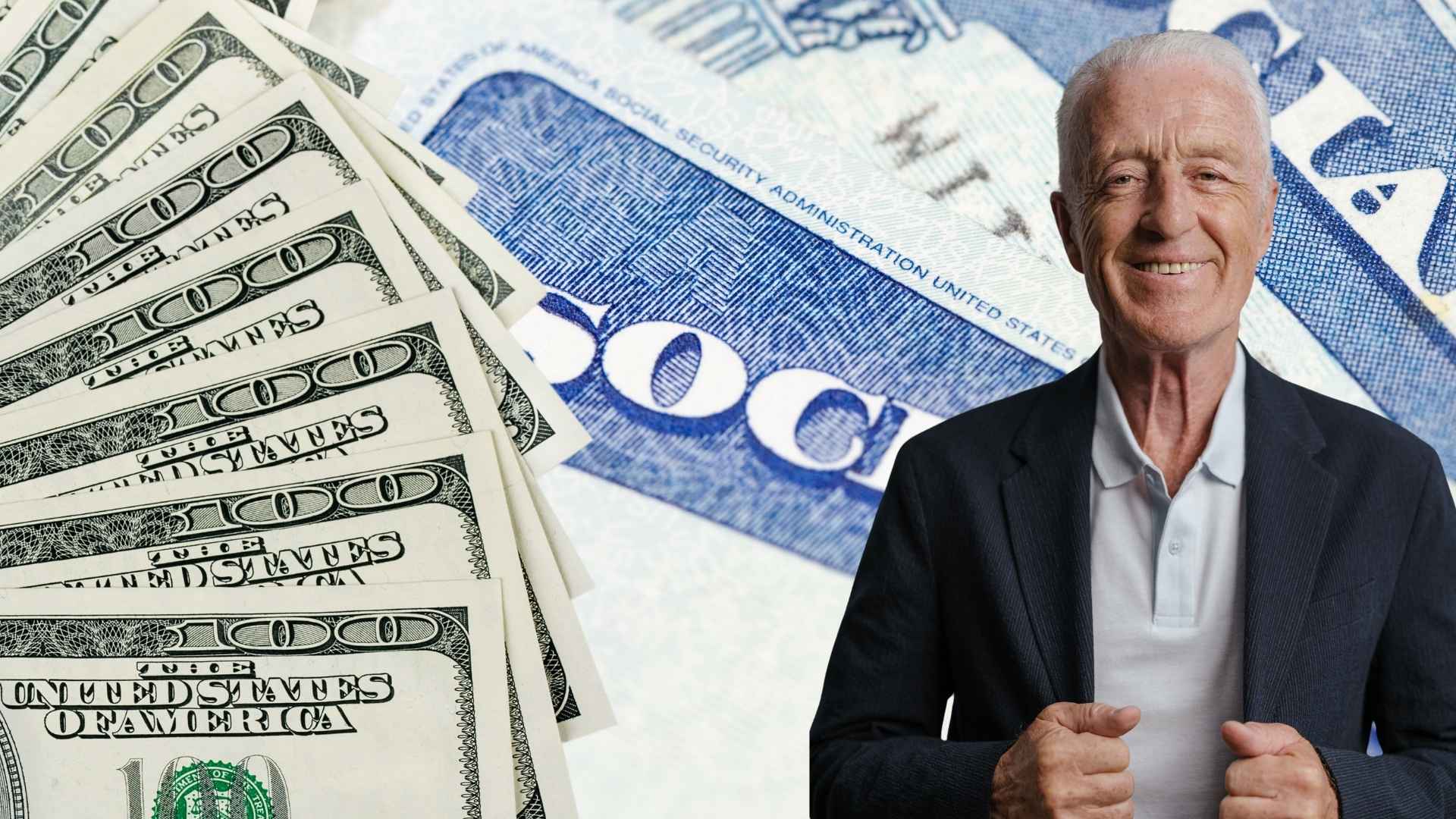 Smiling senior man in front of Social Security card and hundred-dollar bills representing garnishment relief