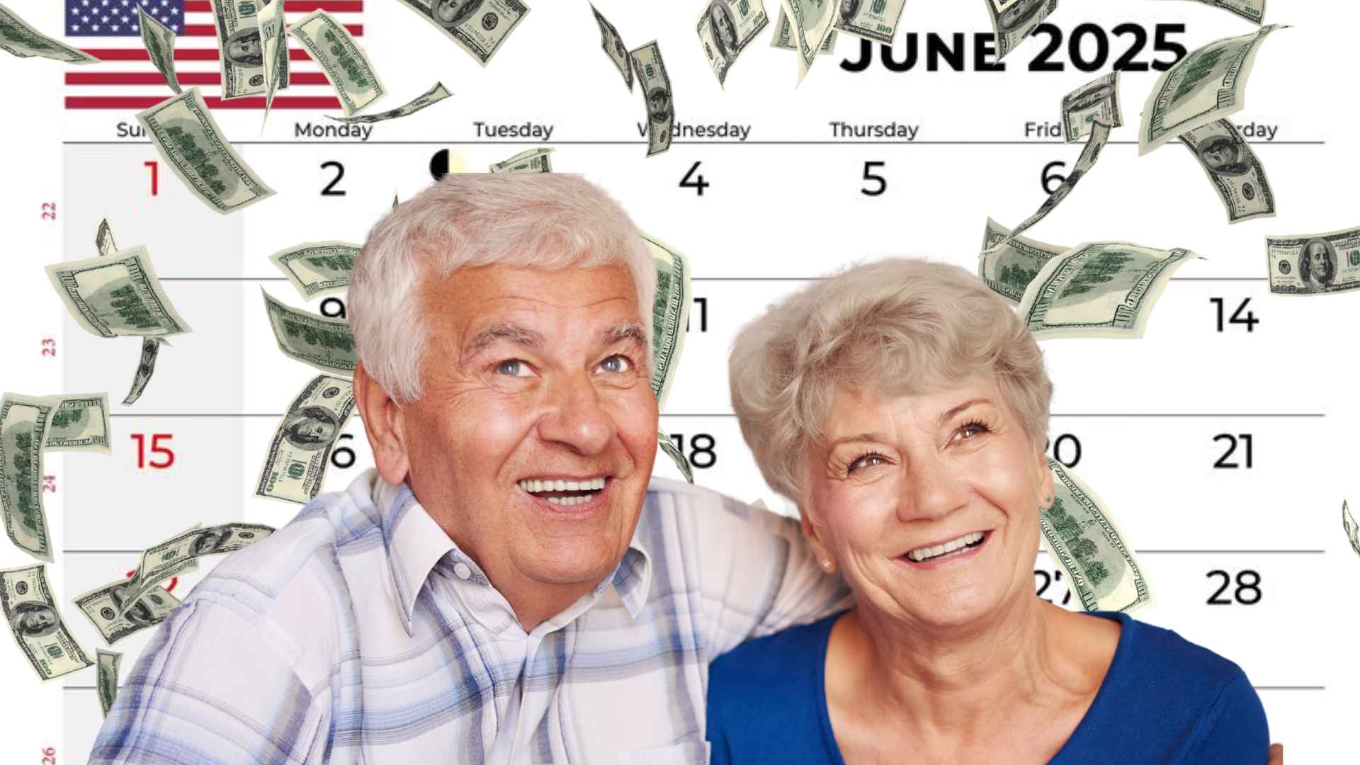 Smiling senior couple with dollars raining in front of a June 2025 calendar, illustrating Social Security checks up to $2,831 for retirees 62+.