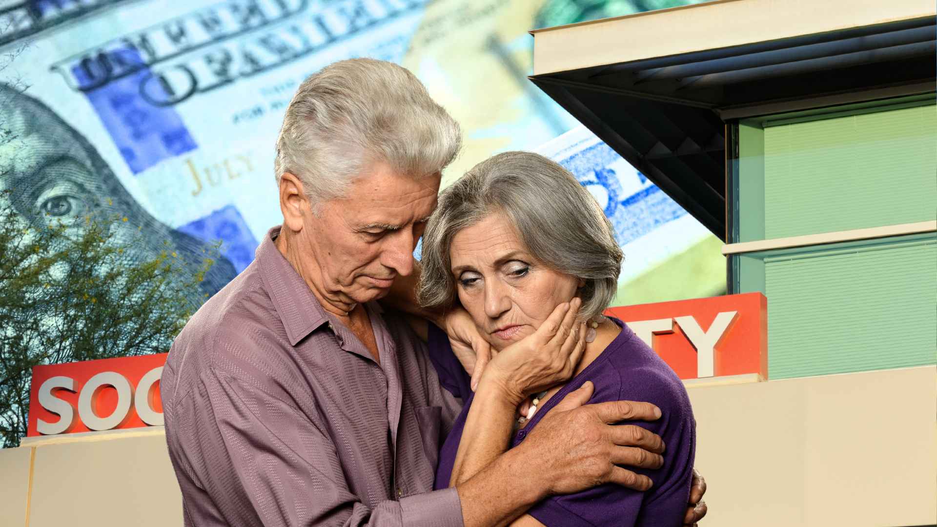 Worried senior couple outside a Social Security office, dollar bill backdrop, illustrating 2026 shift to full retirement age 67.