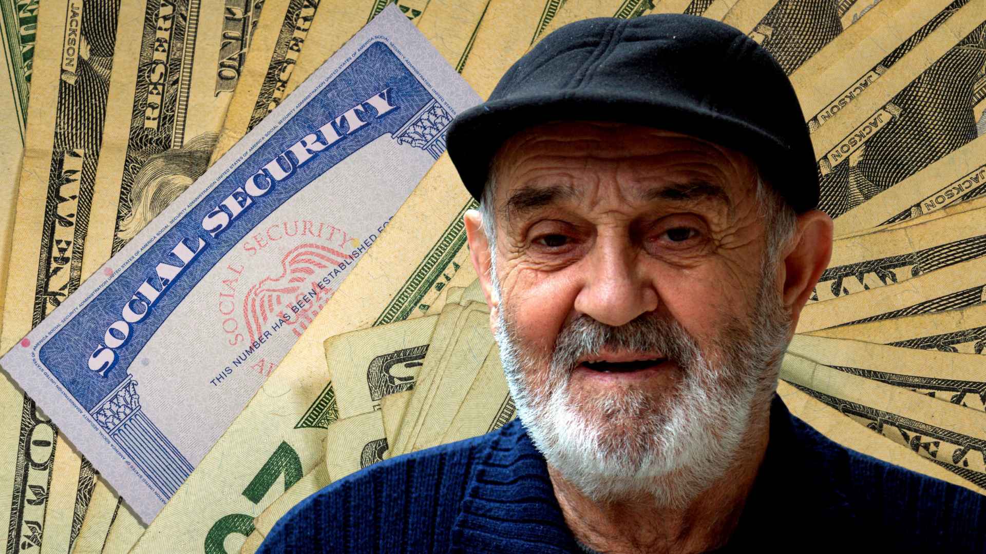 Senior man smiling before Social Security card and dollar bills, illustrating average retirement check at age 70