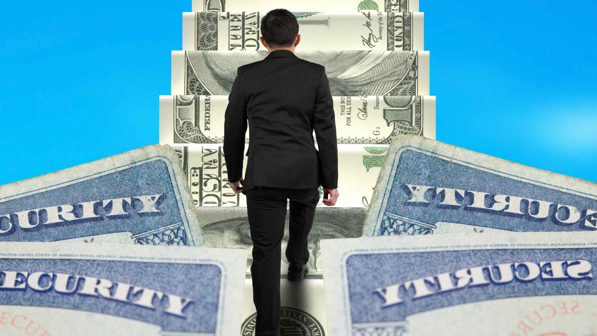 Businessman climbs money stairway as Social Security cards frame scene, symbolizing 2026 rise in full retirement age to 67