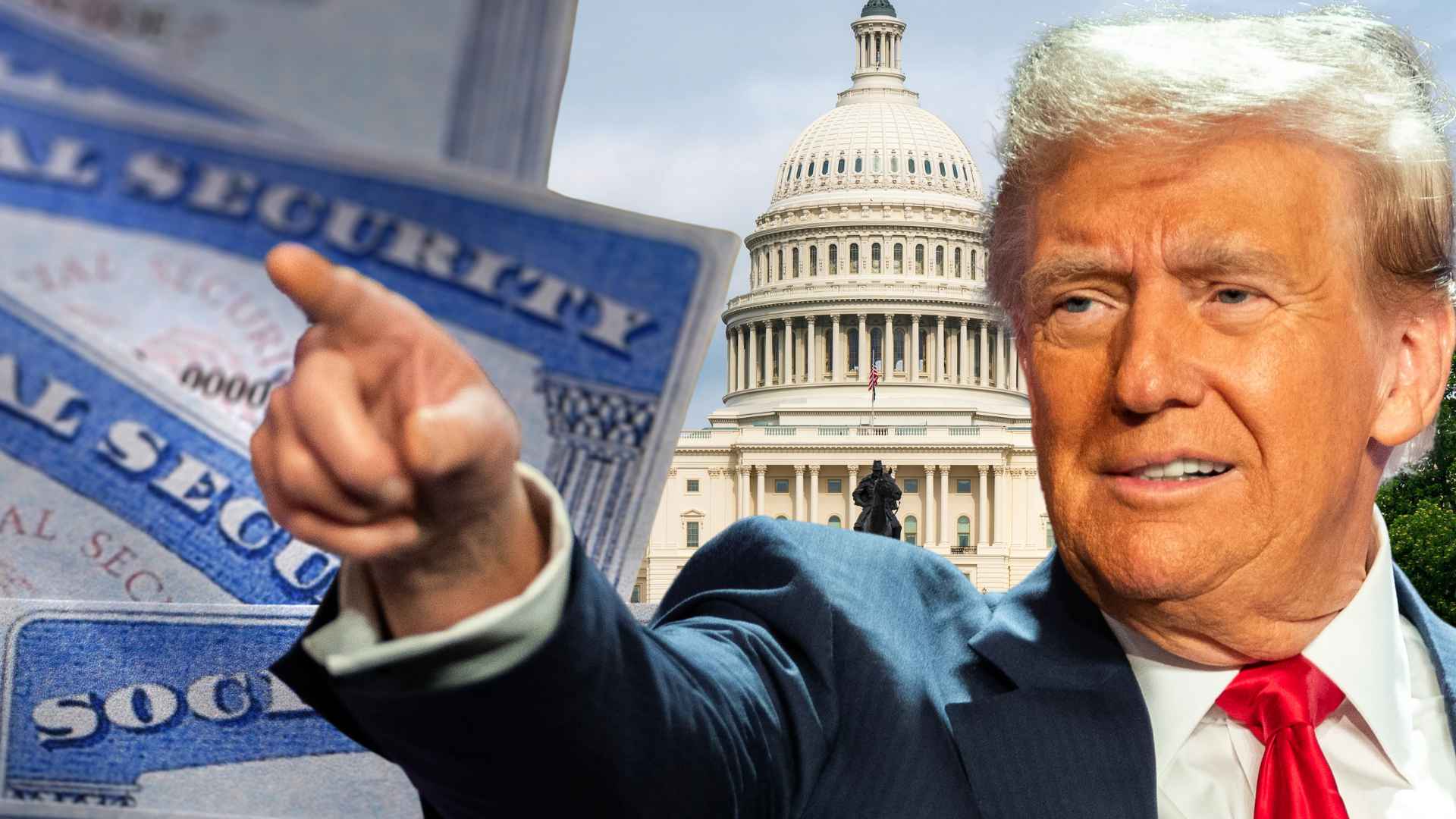 Donald Trump pointing with Social Security cards and U.S. Capitol building in the background