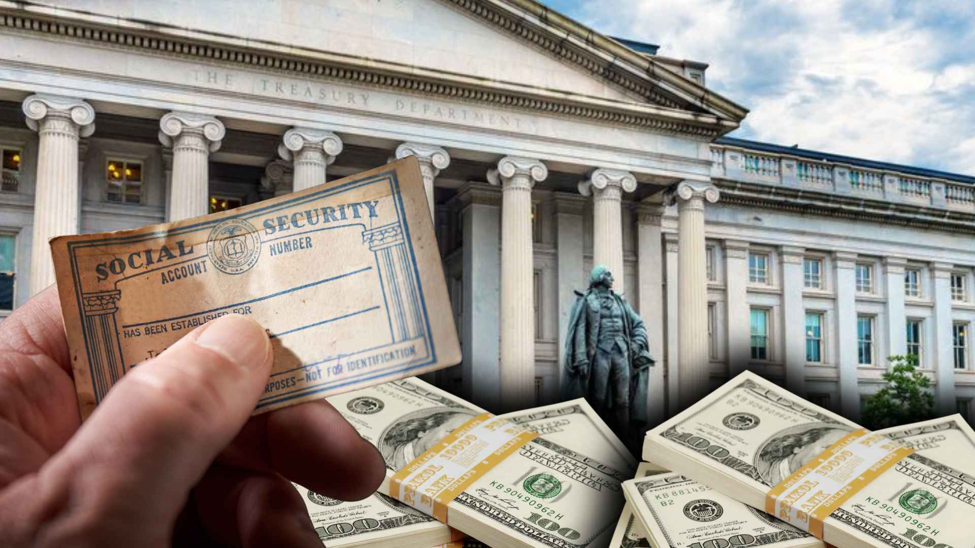Hand holding a Social Security card in front of the U.S. Treasury building with stacks of cash, representing debt collection.