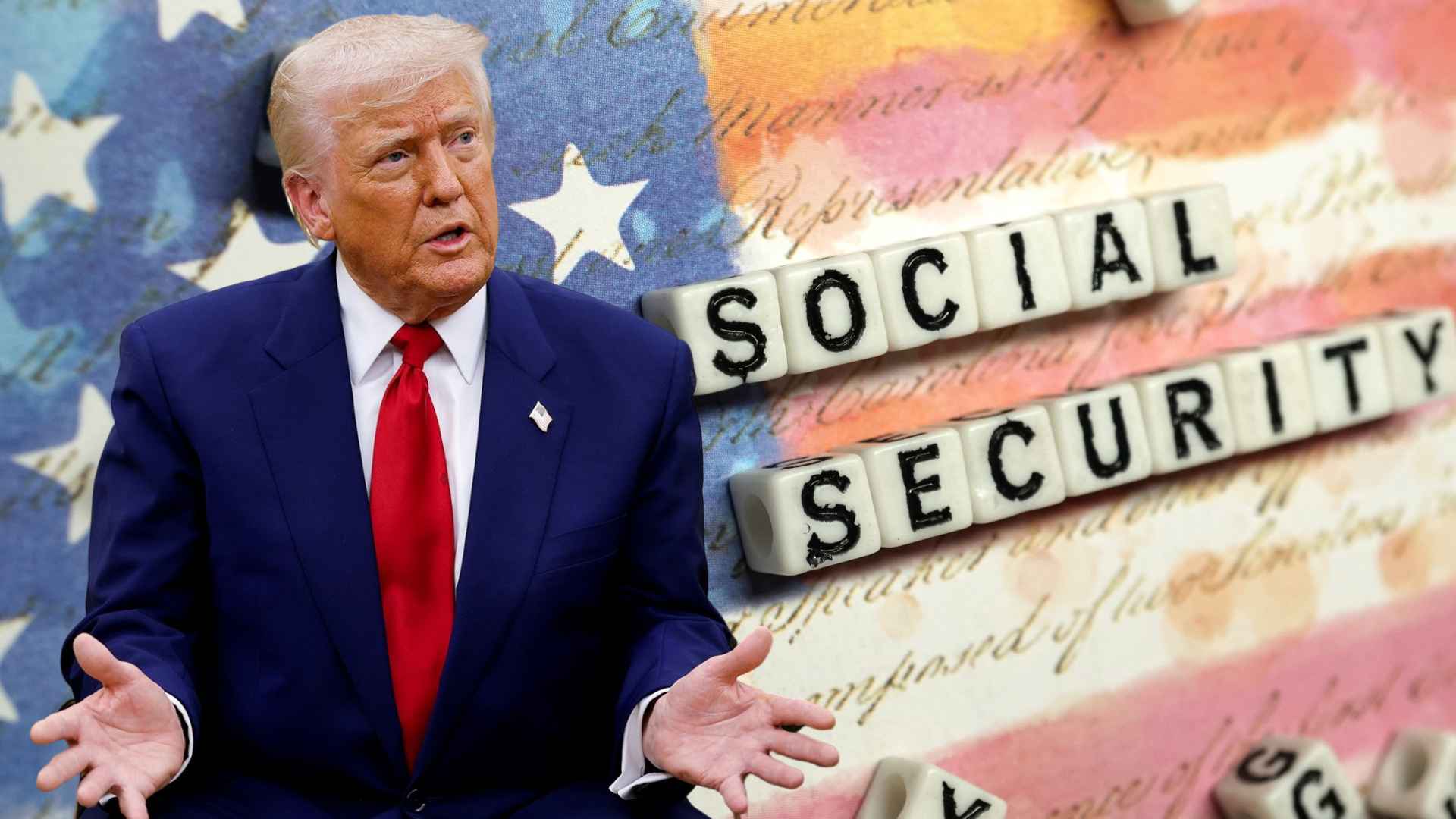 Donald Trump gesturing in front of an american flag background with “social security” spelled out in letter tiles