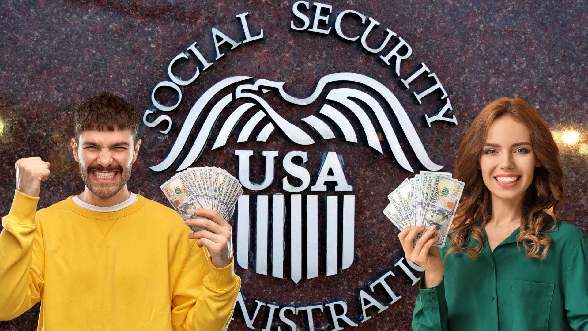 Man and woman holding cash before Social Security Administration eagle logo, illustrating 2025 spousal benefit share of up to 50 percent