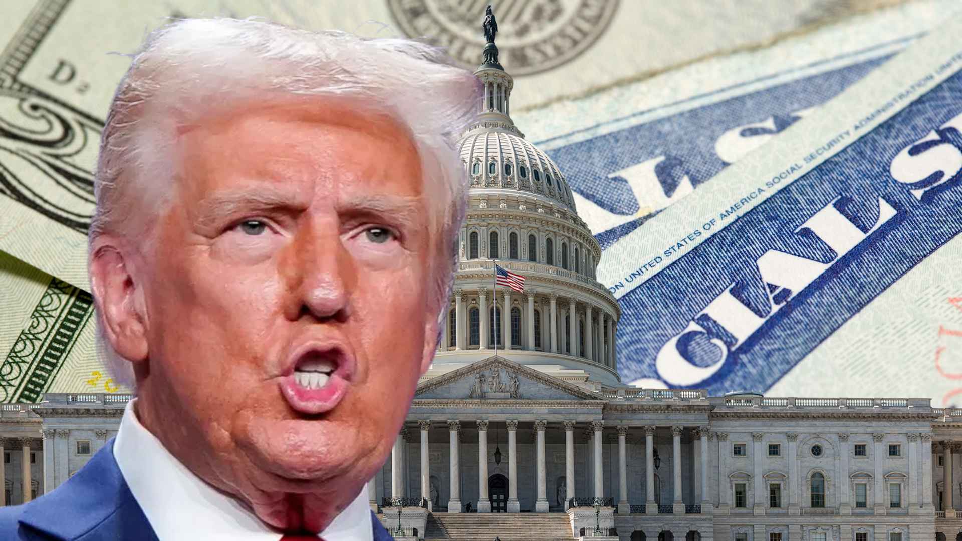 Close-up of a politician speaking, with the U.S. Capitol and Social Security imagery highlighting upcoming benefit garnishment.