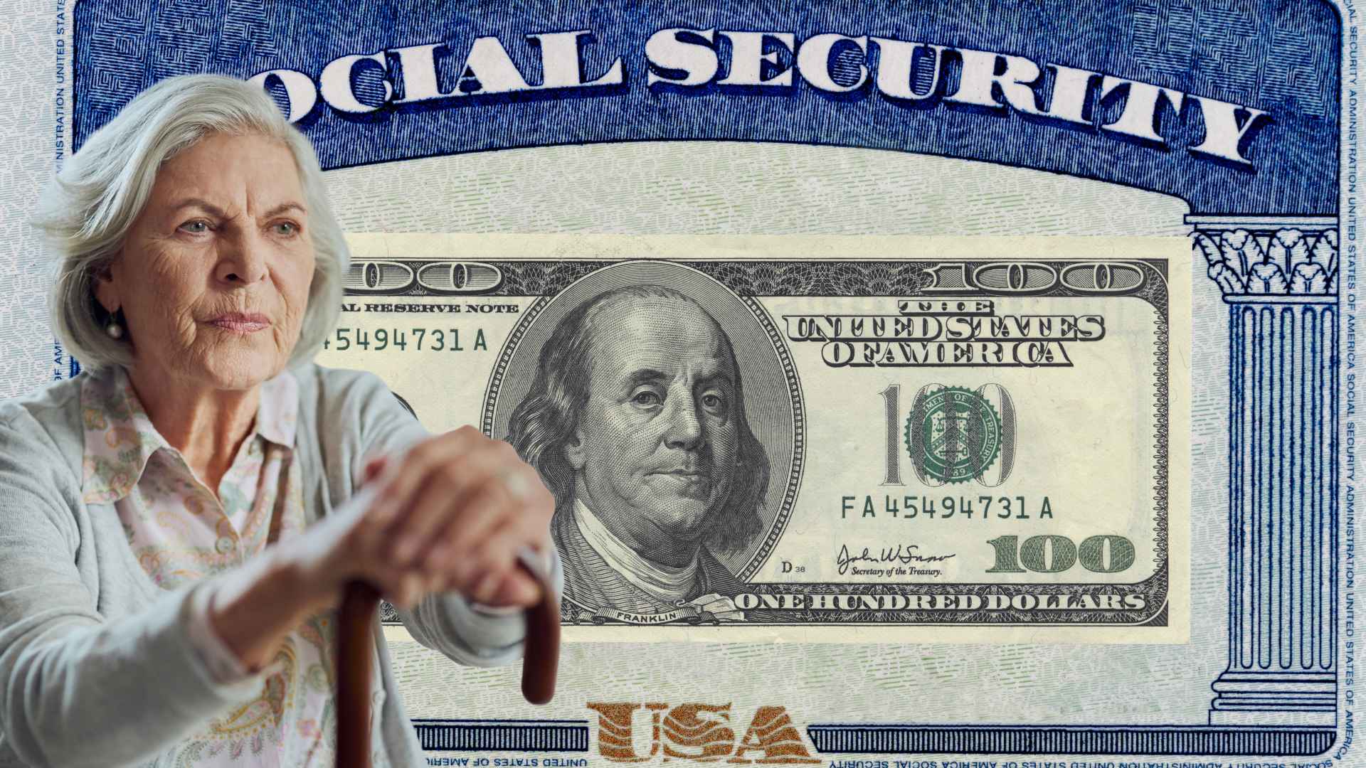 Senior Social Security beneficiary leaning on a cane in front of a $100 bill and SSA paperwork.