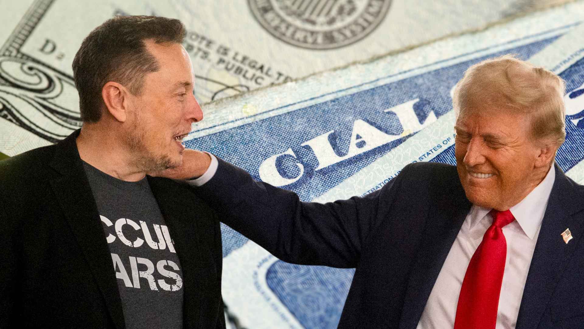 Two prominent figures sharing a friendly moment in front of a Social Security card and dollar-bill background, illustrating nationwide focus on the agency’s record-breaking data purge and anti-fraud push.