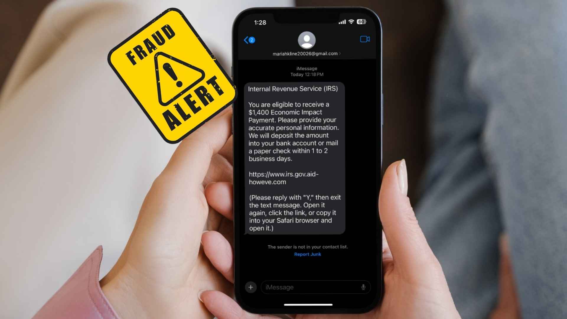Hands holding a smartphone that displays a fake IRS stimulus-payment text, next to a bright yellow “Fraud Alert” sign, illustrating the SSA’s warning about smishing scams.