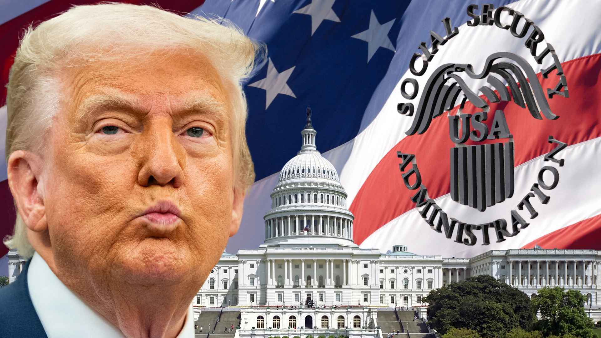 Social Security Administration seal on an American flag with the U.S. Capitol dome and a close-up of a political leader, illustrating stricter ID checks for retirees.