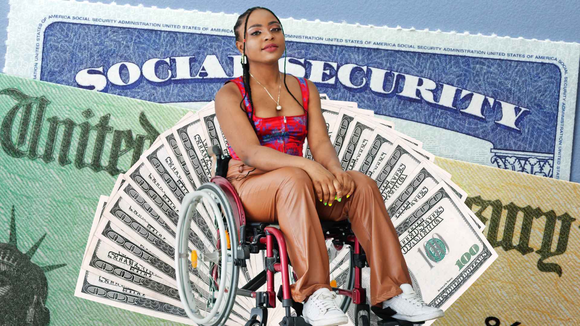Woman in wheelchair in front of a Social Security card and a fan of $100 bills, illustrating 2025 SSI checks up to $1,450.